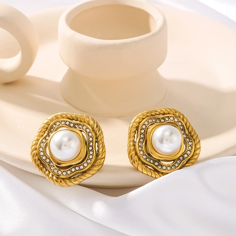 Orecchini Fiore Stile Palazzo Francese Vintage Acciaio Inossidabile Placcato Oro 18K Perla Artificiale Zircone Donna