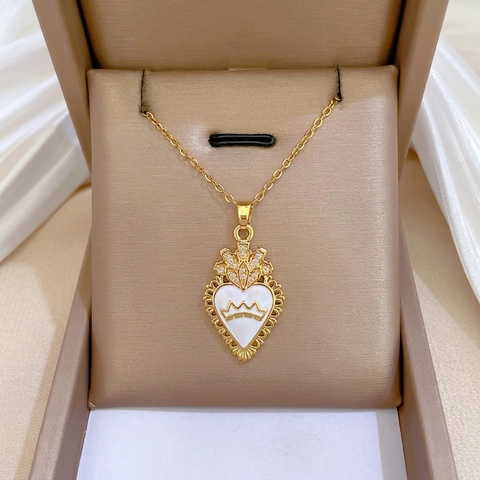 Heart Pendant Necklace With Crown Design Stainless Steel Chain Copper Pendant Enamel Cubic Zirconia Jewelry For Women