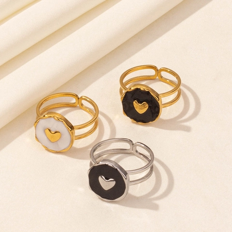 Heart Enamel Ring 304 Stainless Steel Adjustable Opening French Minimalist Vintage Chic Jewelry For Women