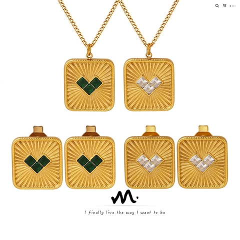 Stainless Steel Square Heart Jewelry Including Sunburst Pendant Necklace And Matching Stud Earrings For Women Vintage Geometric Style