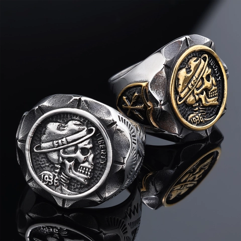 Anello Moneta Teschio Vintage Acciaio Inossidabile Liberty 1936 Retro Punk Biker Fascia Gotica Gioielli Uomo