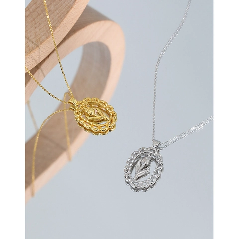 925 Sterlingsilber Tulpe Blume Oval Hohle Anhänger Halskette Für Damen Vintage Nischendesign Galvanisierte Strass Schmuck Geschenk