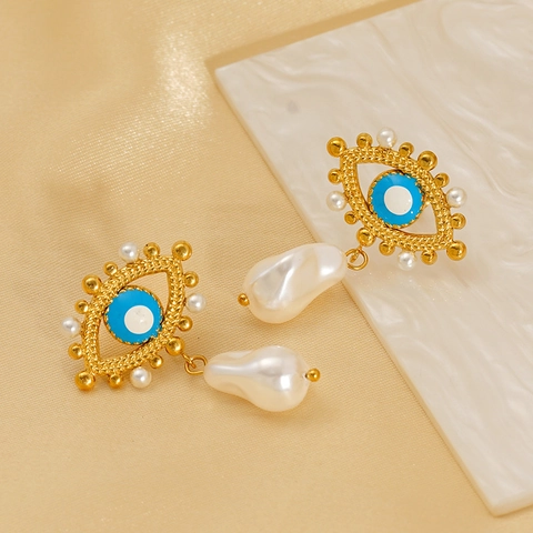 Orecchini Con Künstliche Perle Barocche Malocchio Per Donna Acciaio Inossidabile 304 Placcato Oro 18K Smalto Vintage Boho Gioielli