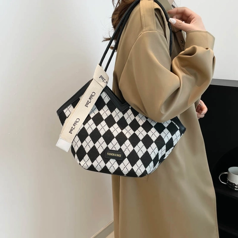 Argyle Plaid Tweed Tote Bag For Women Large Capacity V-Shaped Opening Casual Shoulder Handbag With Ribbon