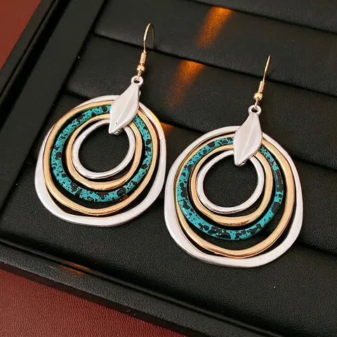 Bohemian Multi Layer Nested Circle Drop Earrings With Silver Earring Post Retro Ethnic Alloy Jewelry For Women