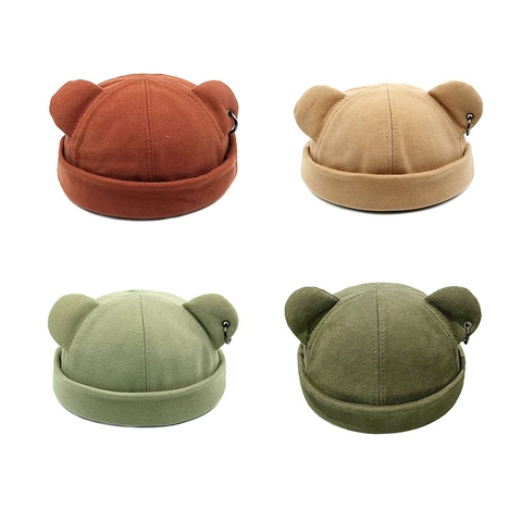 Korean Style Cute Cat Ear Docker Hat For Women Individual Streetwear Brimless Beanie Cotton Landlord Hat With Metal Ring