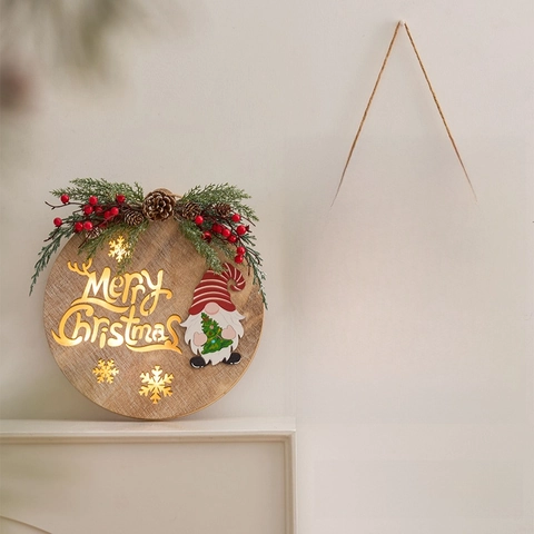 Merry Christmas Wooden Round Hanging Sign LED Light Up Door Wreath With Pine Cones Berries Gnome Snowman Decor