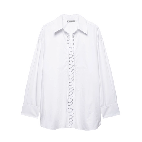 Women Long Sleeve Blouse Polyester Lace Up Front Metal Eyelets Sexy Solid Color V Neck Loose Shirt Tops
