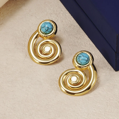 Orecchini a Bottone a Spirale in Acciaio Inossidabile Placcato Oro 18K Vintage Con Turchese per Donna Gioielli di Moda