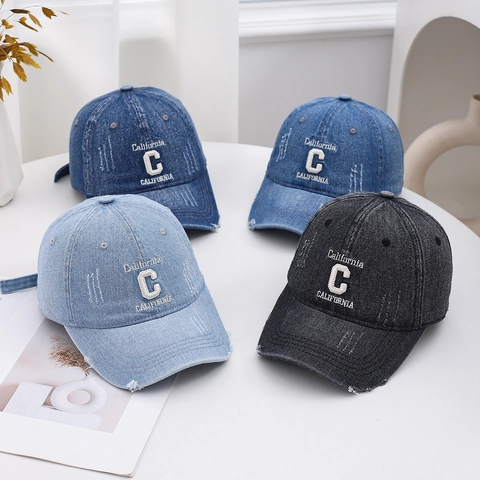 Baseball Cap Washed Cotton Denim Letter Embroidery Distressed Frayed Edge Vintage American Streetwear For Men Women
