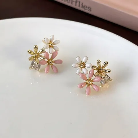 Enamel Flower Stud Earrings Copper Gold Plated With Square Zircon Sweet Elegant Forest Style For Women