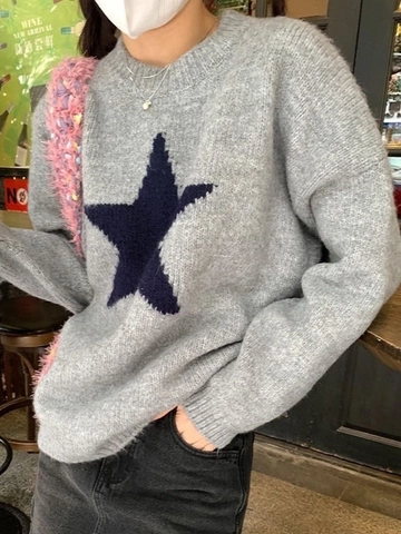 Dames Gebreide Trui Losse Pasvorm Grote Ster Patroon Ronde Hals Lange Mouwen Wolmix Casual Top Grijs
