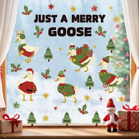 Pegatinas De Pared De Navidad PVC Autoadhesivas Dibujos Animados Ganso Animal Decoración De Vacaciones Calcomanías Sala Dormitorio Lindo
