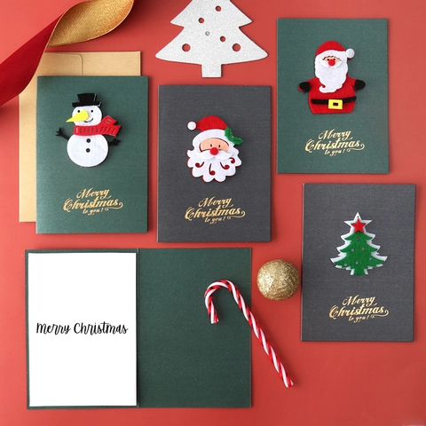 Christmas Greeting Card With Envelope Artificial Pearl Paper Dimensional Felt Santa Snowman Reindeer Tree Gold Foil Holiday Card