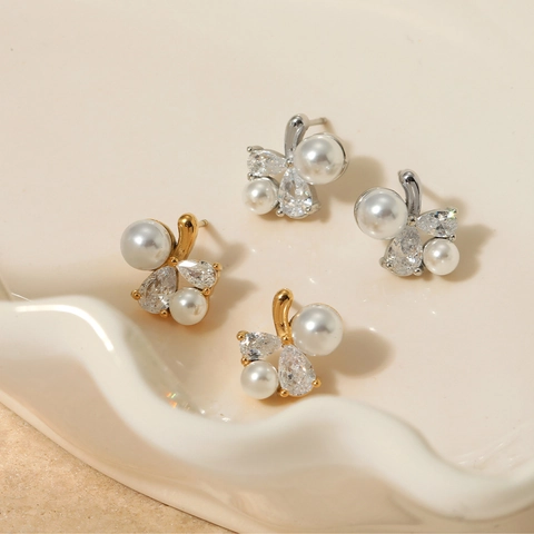 Elegant Flower Stud Earrings For Women 316 Stainless Steel With Cubic Zirconia And Imitation Artificial Pearl Sweet Floral Jewelry