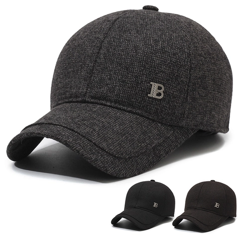 Men Winter Warm Baseball Cap Wool Blend With Earflaps Windproof Adjustable Thick Outdoor Cold Weather Hat