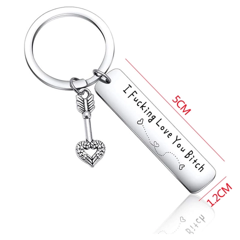Stainless Steel Keychain Engraved Rectangular Tag Heart Wing Arrow Charm Polished Metal Key Ring Gift For Couple