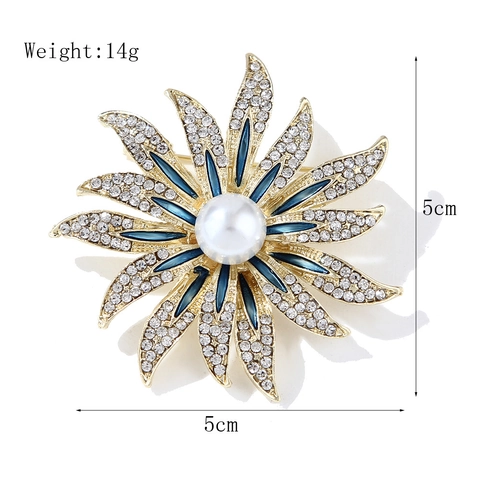 Broche De Girasol Para Mujer Aleación Diamantes De Imitación Esmalte Azul Perla Artificial Grande Retro Elegante Pin De Lujo