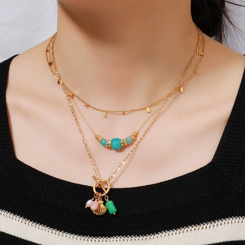 Collar de Capas de Acero Inoxidable con Piedra Natural Chapado en Oro Colgante de Concha Perla Artificial Joyería Mujer