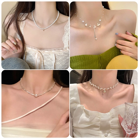 Artificial Pearl Necklace Stainless Steel Butterfly Heart Cross Pendant Multi Layer Clavicle Chain Sweet Cool Y2K Style For Women