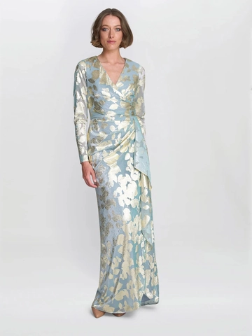 Elegante Abito Lungo Con Scollo A V Jacquard Dorato Poliestere Spacco Laterale Vita Alta Festa Sera Cocktail Manica Lunga
