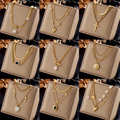 Stainless Steel Layered Necklace With Heart Cross Artificial Pearl Pendants Vintage Fashion Jewelry For Women