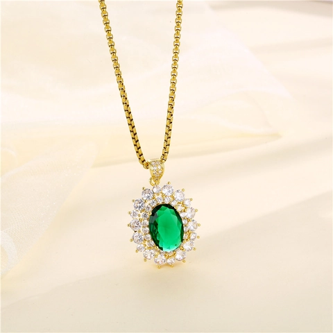 Ovaler Grüner Zirkon Anhänger Halskette Edelstahl Geometrisch Voller Strass Eleganter Schmuck Für Damen