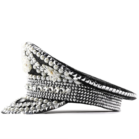 Chapeau De Capitaine Style Militaire Paillettes Avec Künstliche Perles Fantaisie Strass Dentelle Performance Fête Pour Femmes