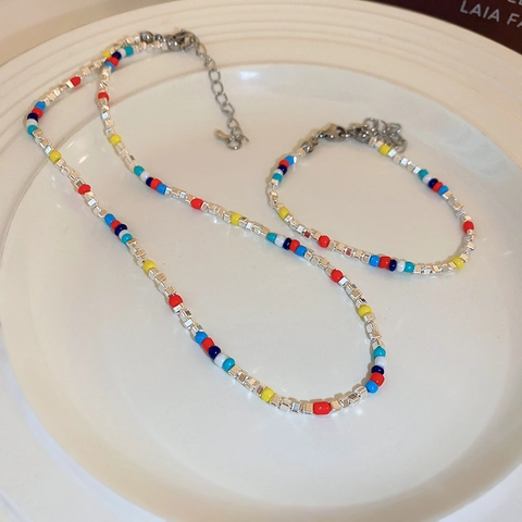 Colorful Beaded Choker Necklace And Bracelet Silver Plated Square Beads Hematite Glass Adjustable Summer Jewelry For Women