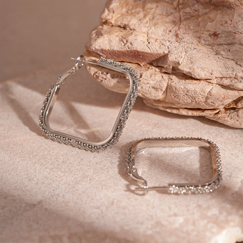 Geometrische Vierkante Creolen Met Zilveren Oorsteker Strass Koper Minimalistische Mode Sieraden Voor Dames