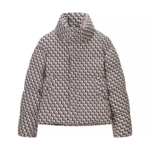 Dames Puffer Jas Geometrische Print Opstaande Kraag Winter Warm Katoen Gewatteerde Jas Rits Retro Lange Mouwen Bovenkleding