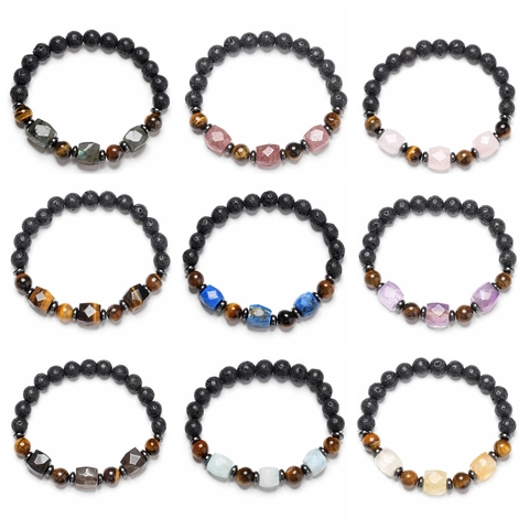 Natural Lava Stone Tiger Eye Beaded Bracelet Geometric Crystal Mineral Elastic Unisex Yoga Jewelry