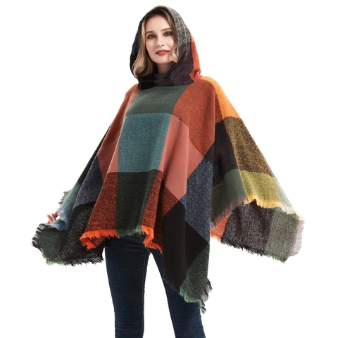 Women Hooded Poncho Shawl Plaid Tassel Color Block Polyester Winter Warm Casual Outerwear Wrap