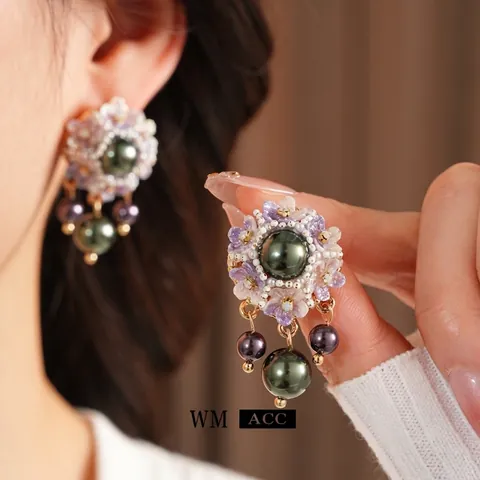 Pendientes Colgantes Flor Vintage Con Resina Púrpura Perla Artificial De Imitación Verde Oscuro Y Poste De Plata De Ley 925