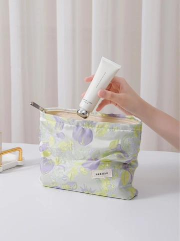 Floral Jacquard Makeup Bag Large Capacity Travel Cosmetic Pouch Canvas Toiletry Organizer For Women