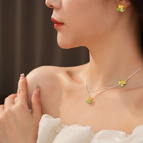 Elegant Heart Flower Zircon Necklace And Stud Earrings Jewelry With Silver Earring Post Copper Yellow Green Gemstones
