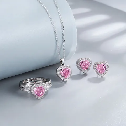 925 Sterlingsilber Rosa Gelb Zirkonia Herz Halskette Ohrringe Ring Schmuck Halskette Ohrringe Ring Mode Schmuck