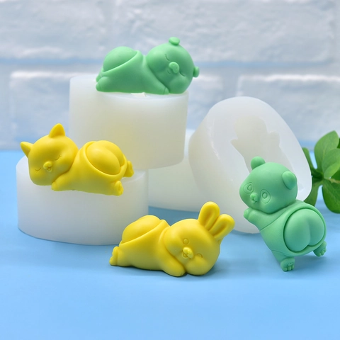 Moldes De Silicona Animales DIY Conejo Gato Cerdo Panda Dibujos Animados Lindo Para Jabón Vela Pastel Fondant