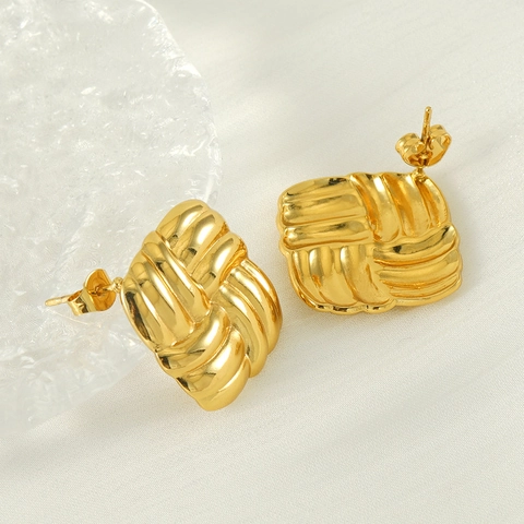 Square Stud Earrings 18K Gold Plated Stainless Steel Woven Texture Geometric Braided Design Vintage Elegant For Women