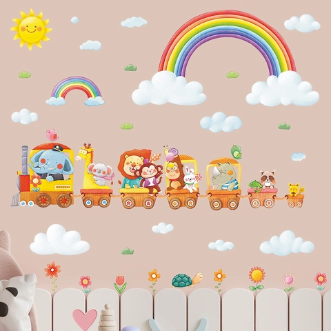 Adesivi Murali Trenino Animali Arcobaleno PVC Autoadesivo Impermeabile Per Decorazione Cameretta Bambini Acquerello