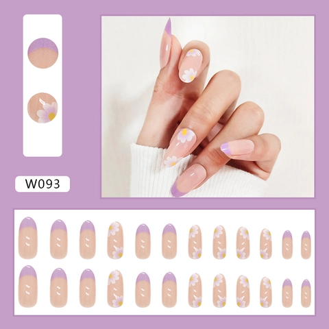 Purple French Tip Press On Nails Medium Long Ballerina Fake Nail Tips With White Daisy Flower Design Glossy