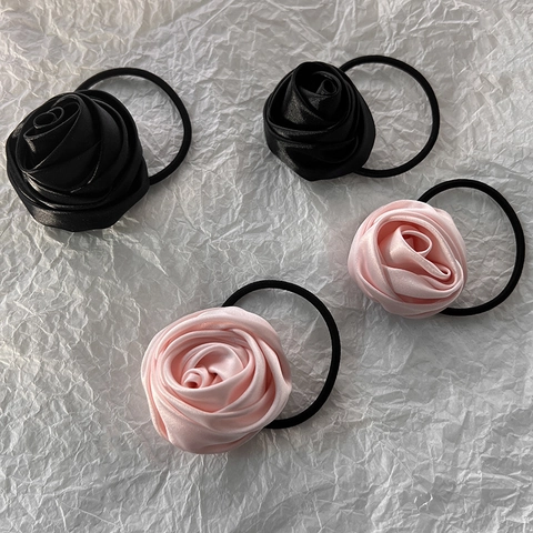 Elegant Satin Rose Flower Hair Ties Handmade Fabric Floral Ponytail Holder Elastic Gentle Hair Accessories For Women