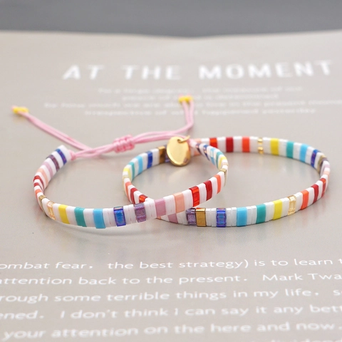 Tila Bead Bracelet Handmade Bohemian Colorful Geometric Enamel Glass Miyuki Beads Elastic Jewelry For Women