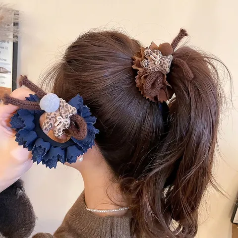 Elastici Orso Leopardo Tessuto Floccato Pieghettato Con Pallina Peluche Fiocco Maglia Donne Accessori Capelli Retro