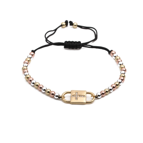 Kreuz Charm Armband Kupfer Zirkon Dreifarbig Perlen Verstellbar Geflochtenes Seil Religiöser Schmuck