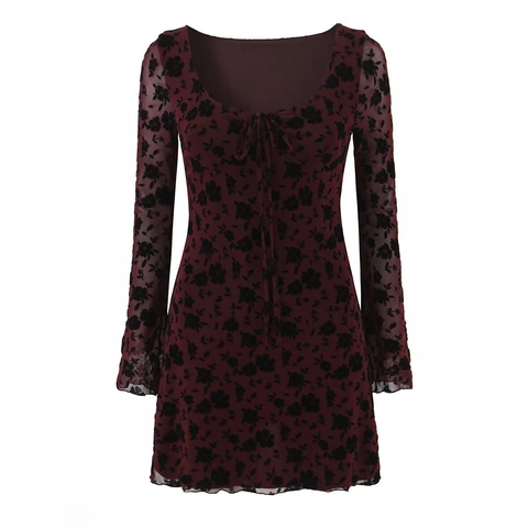 Mini Kleid Mesh Langarm Floral Beflockt Samt Schnürung Schlank Retro Party Club Damen Elegant Dunkelrot