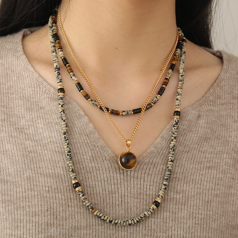 Collier Perles Pierre Naturelle Vintage Pour Femme Pendentif Oeil de Tigre Jaspe Moucheté Collier Cuivre Plaqué Or Multicouche Bijoux