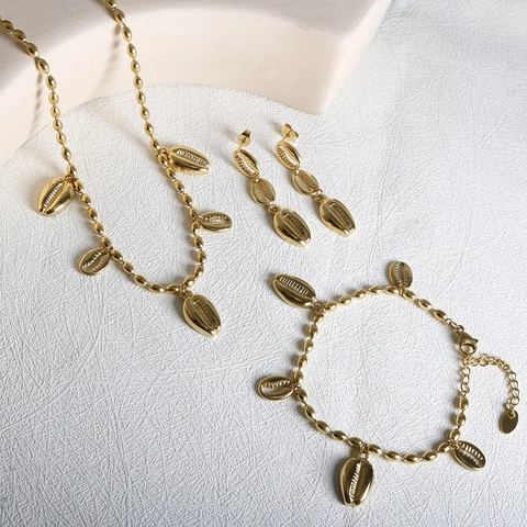 Conch Shell Pendant Jewelry Necklace Earrings And Bracelet Stainless Steel Two-Tone Gold Silver Ocean Style For Women