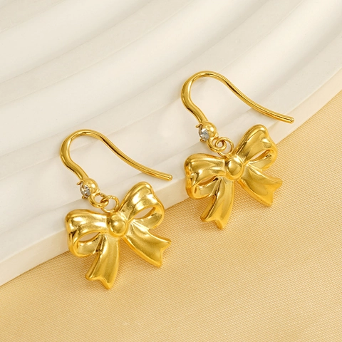 Bow Drop Ohrringe 18K Vergoldeter Edelstahl Mit Strass Schleifenknoten Trendy INS Stil Schmuck Für Frauen