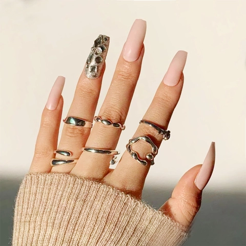 Glanzende Nude Roze Press On Nagels Kunstnagels Met Zilveren Strass Glitter Decoraties Voor Dames